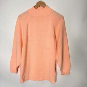 Vintage Peach Sweater Mock Neck Pastel Chest Pocket Women Size L